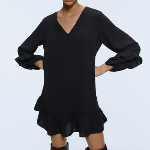Zara Black Ruffle Long Sleeve V-Neck Mini Dress - Size XL